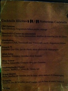 La carte des cocktails sans prix !!!!