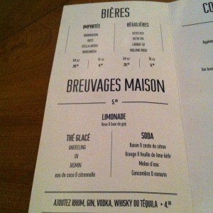 la carte des breuvages et cocktails...