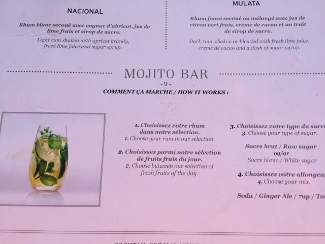 La carte du Mojito Bar ...