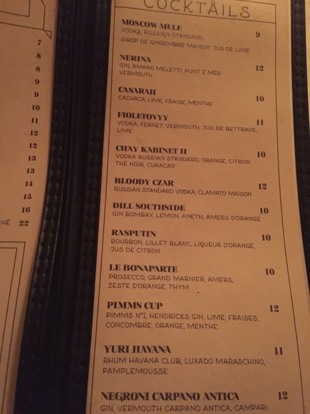 La carte des cocktails....